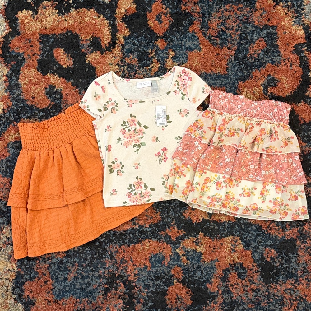 Girls' Size 10/L: Cream Shirt with Pink Flowers & Orange & Floral Ruffle Skirts
